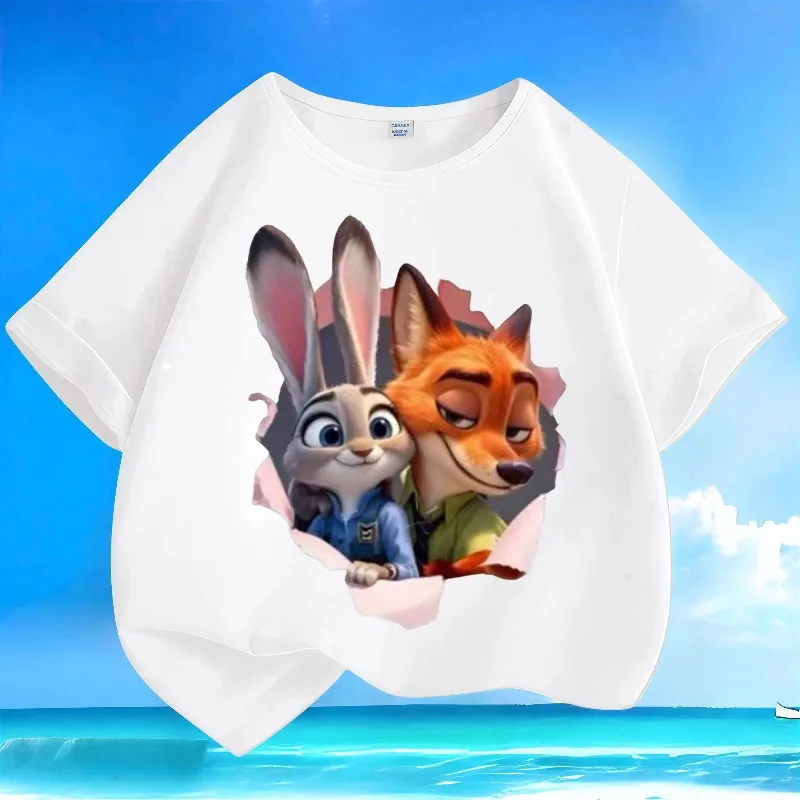 

Детская дышащая футболка из чистого хлопка 2026: Модная и стильная футболка с принтом Ника и Джуди, комплект для родителей и детей