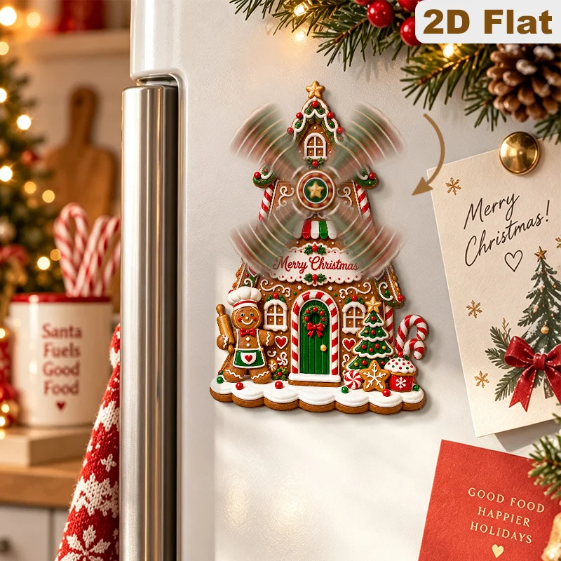 2D Flat 1pc Wooden Christmas Chef Gingerbread Man Windmill Gingerbread House Spinning Fridge Magnet, Interactive Magnetic