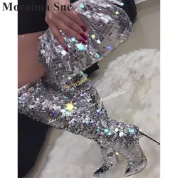 Over The Knee Silver Glitter Sparkling Boots Thin High Heel Women Shoes Side Zipper Pointed Toe 2024 Sexy Zapatos Para Mujere