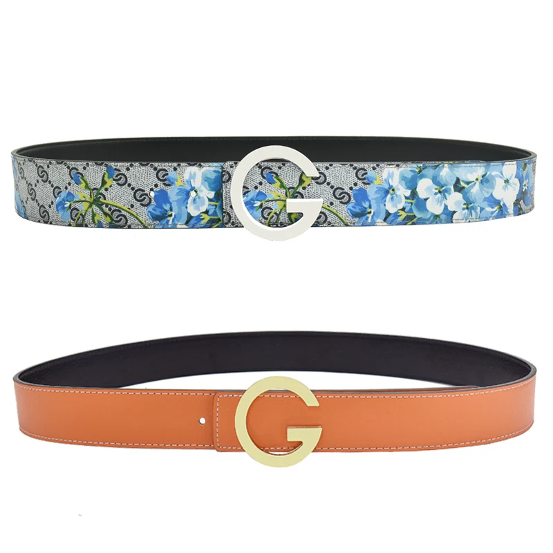 New Fashion Leisure Men Women Leather Belt Smooth G Buckle Wear Casual Pants Jeans Luxury Blue Flower Strap