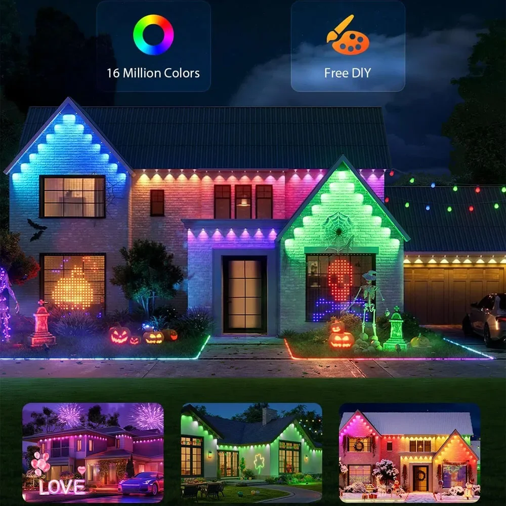 Slimme RGBIC dakrandverlichting Permanente buitenverlichting Outdoor Kerst LED-lichtsnaren met APP-afstandsbediening IP67 Waterdicht