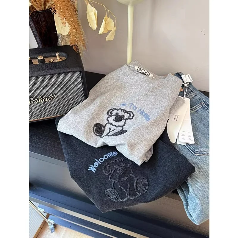 

Эластичная хлопковая футболка с коротким рукавом, женская, прямого кроя, с вышивкой медведя, в японском стиле, универсальная, милая, серая, для любого возраста
