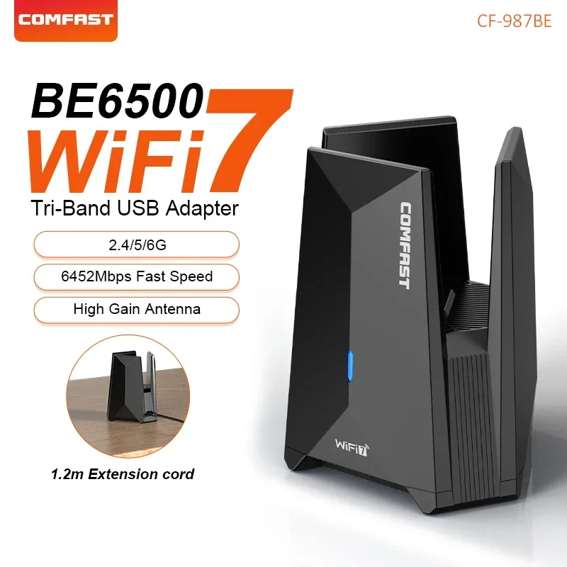 COMFAST BE6500 WiFi7 Wifi adapter 6452Mbps Network Card USB3.0 Tri-band Wifi Dongle 2.4G/5.8G/6Ghz Driver-Free For PC Win10/11