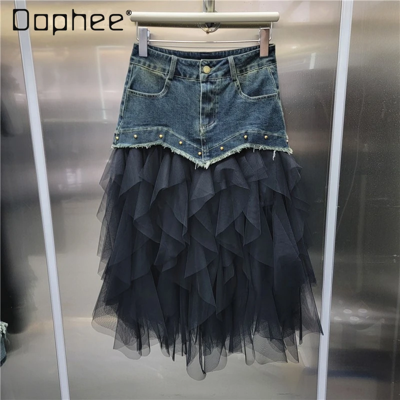 

2024 Autumn New Mesh Patchwork Ruffle Skirts High Waist Denim Skirt Irregular Rivet Decorate Raw Edge Casual Long Skirt