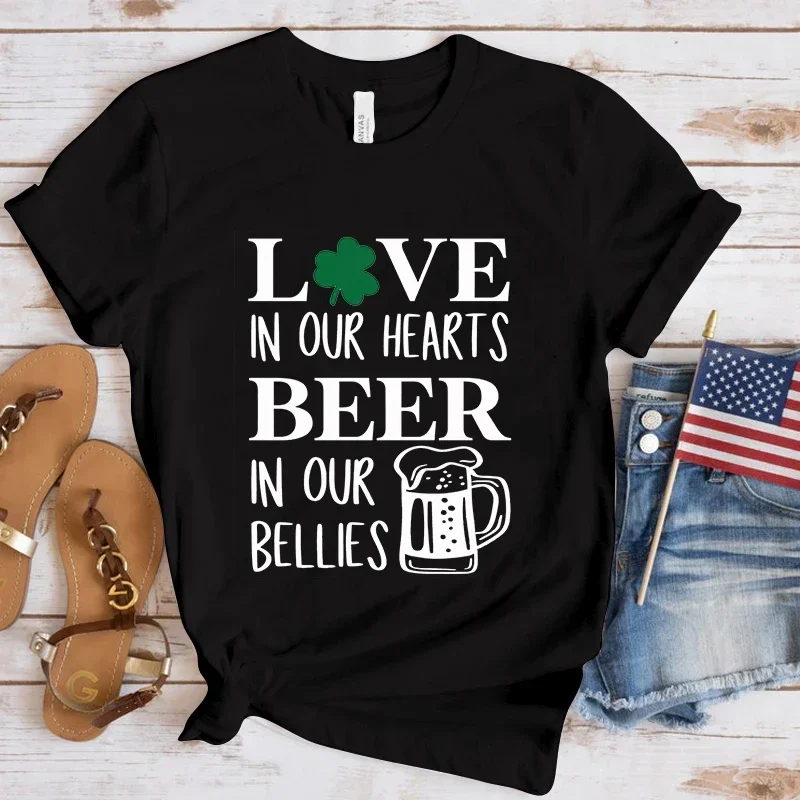 2024 St. Patrick'S Day Love In Our Hearts Beer In Our Bellies Printing T Shirt Unisex Cool Summer Casual T Shirt women clothes