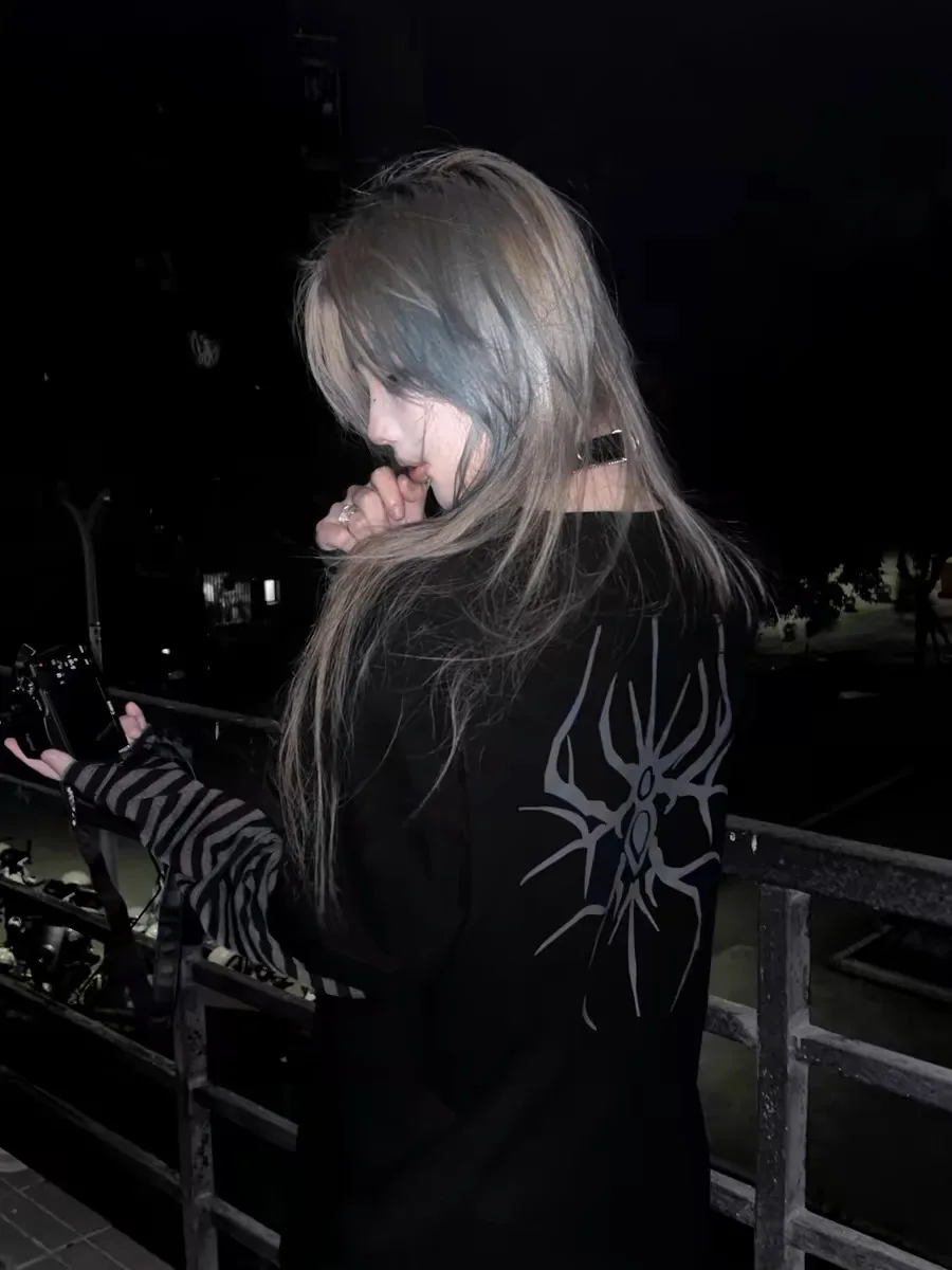 Gothic Punk Y2K Millennium Trendy Girl Abi Printed Long Sve T-irt Women's Street Sle round Ne Casual Top