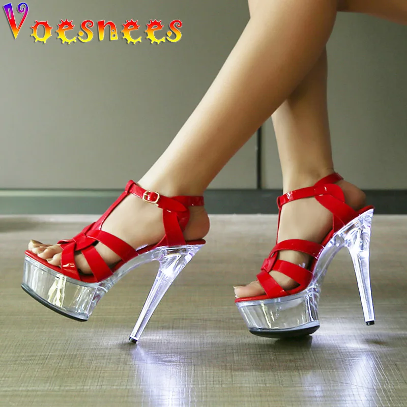 2023 New Transparent Platform High Heels Women\'s Nightclub Steel Pipe Dance Shoes Glowing LED Light Flash Party Sandales Black