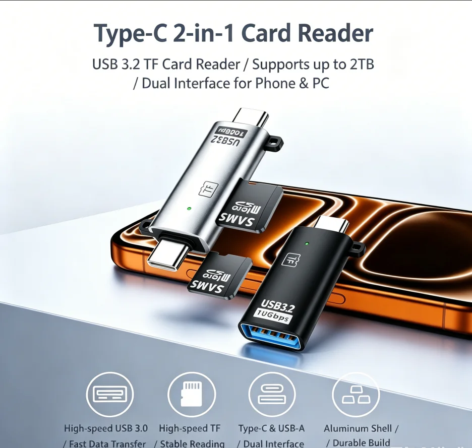 Aluminum Alloy USB3.2 Type-C OTG Card Reader Adapter 10Gbps TF Slot Support 2TB for Laptop Phone