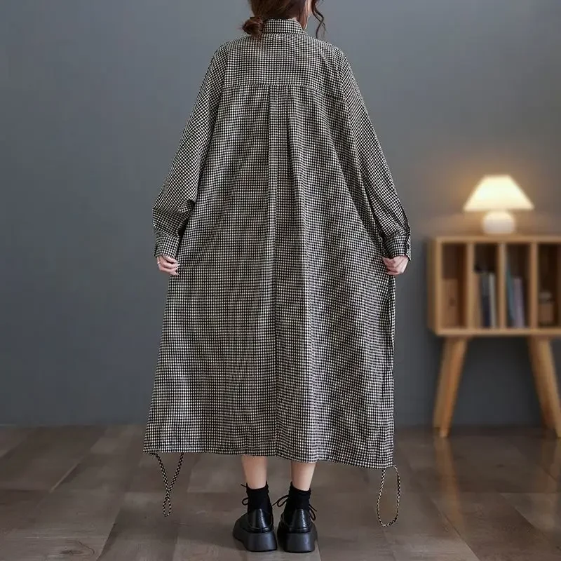 Abito da donna nuovo estivo europeo 2025 Abito camicia a quadretti retrò per pendolari oversize