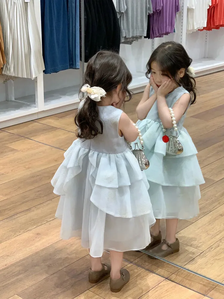 فستان بناتي صيفي بنمط جديد فستان الأميرة لطيف وحلو بدون أكمام تنورة منتفخة شبكية ملابس أطفال كورية