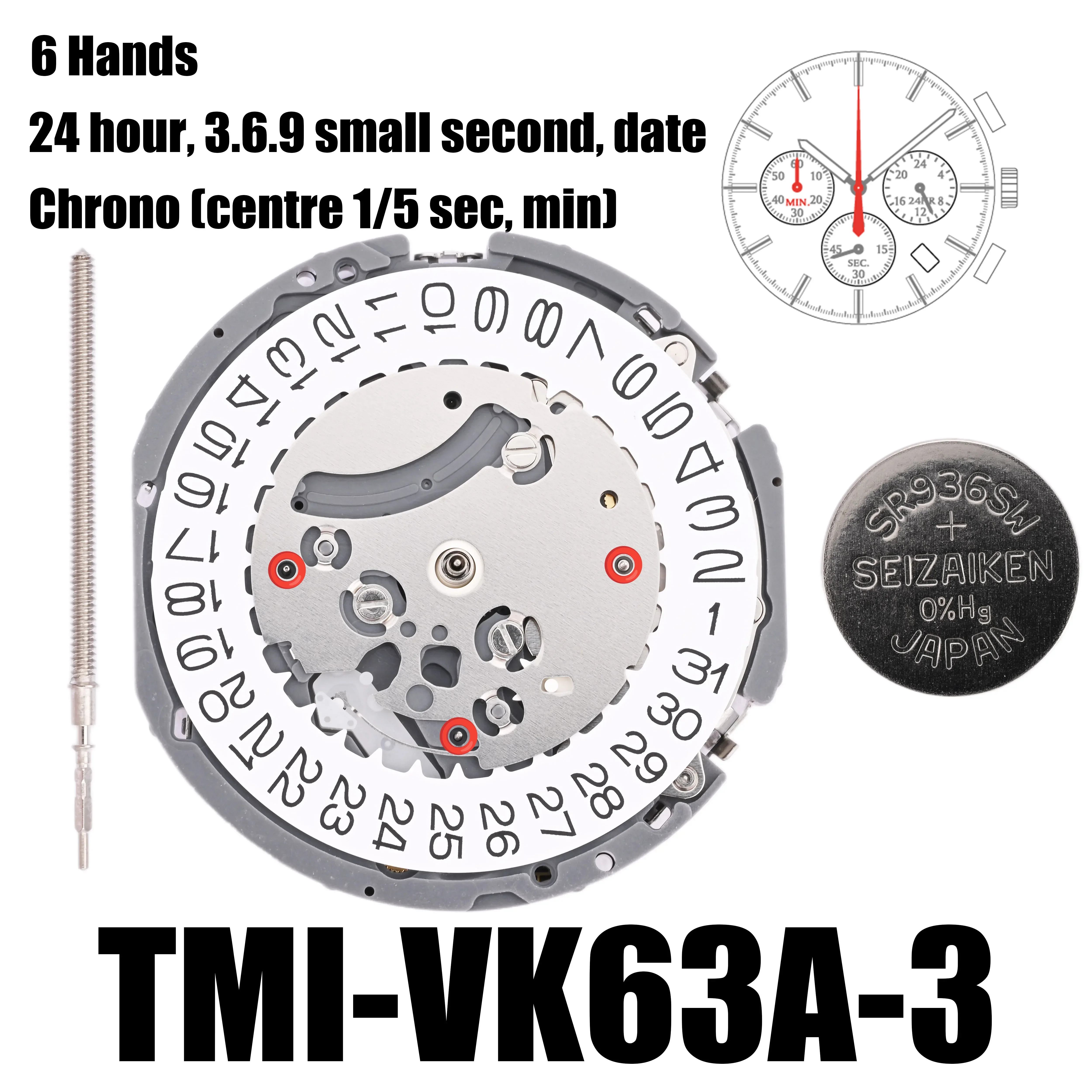 VK63 Movement TMI VK63-3 Movement 6 Hands Size: 13 ½‴ Height: 5.10mm 24 hour date at 3 o\'clock 3.6.9 Small Seconds