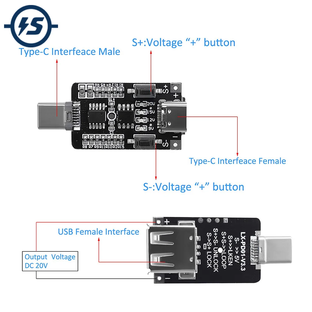 100W 5A USB Type-C QC Decoy Trigger Board PD 2.0 3.0 Trigger Adapter Cable Connection Polling Detector 5V 9V 12V 15V 20V Output