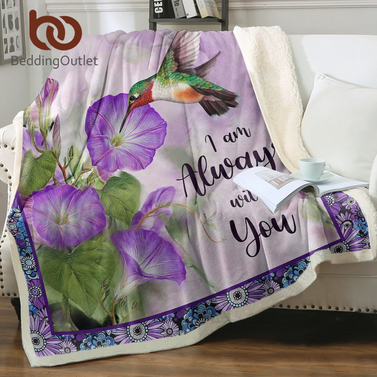 

BeddingOutlet 3D Purple Flower Red Birds Garden Sherpa Fleece Blanket Portable Warm Decoration Bedroom Bedding Couch Bedspread