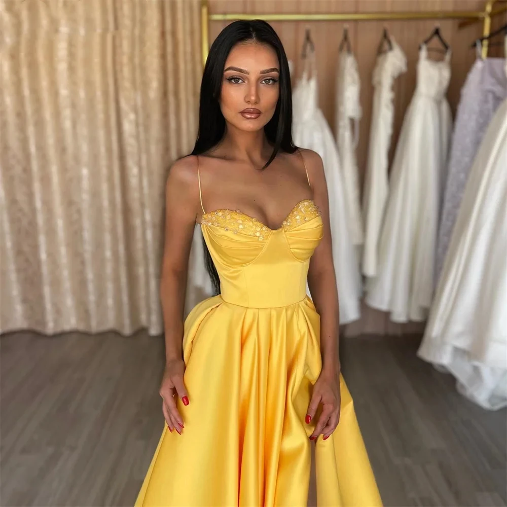 Robe de Soirée Trapèze Jaune pour Femme, Tenue Sexy, Dos aux, Perlée, Fente Latérale, Élégante, Personnalisée, pour ix