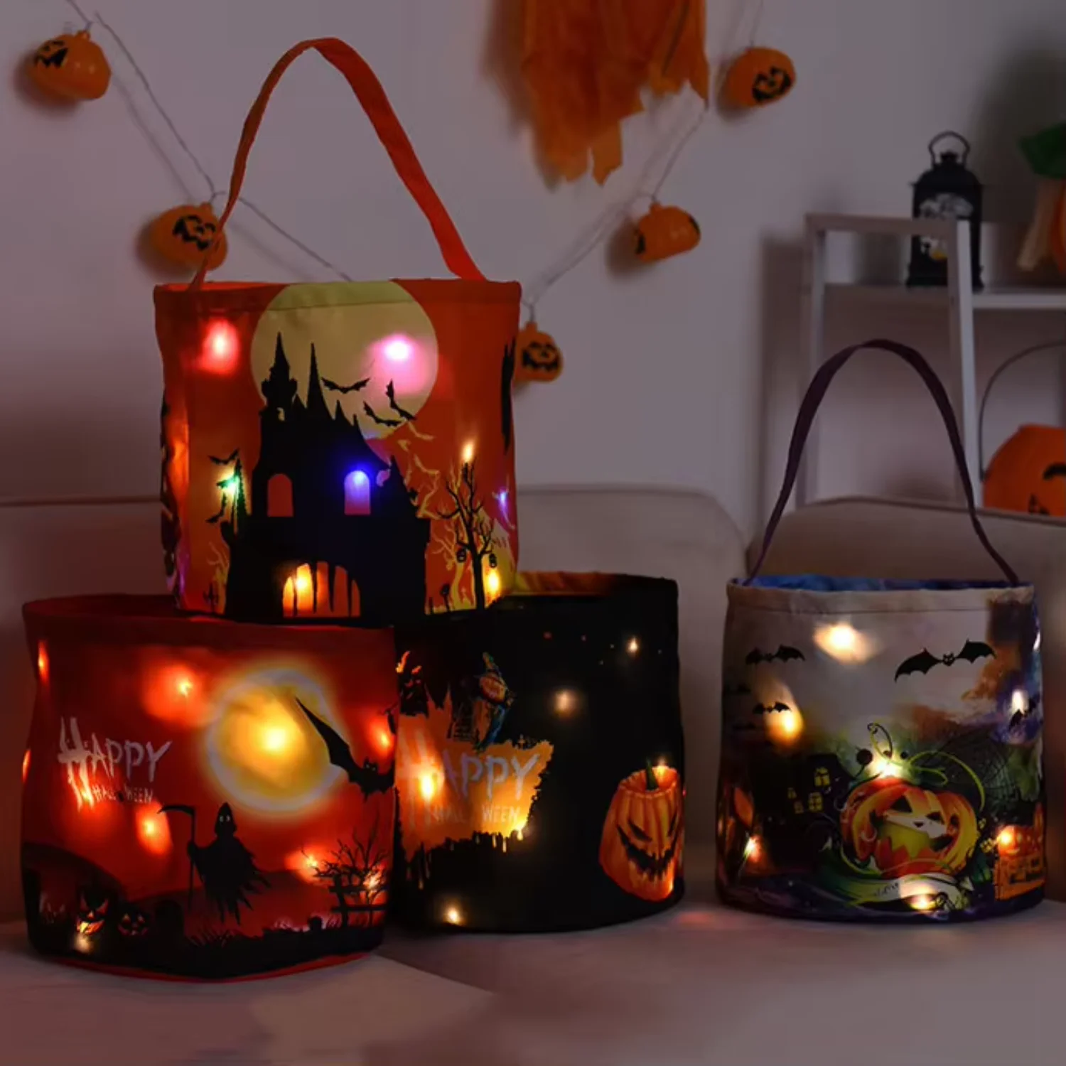 LED Light Pumpkin Buckets Halloween Decoration Reusable Halloween Trick or Treat Candy Bags for Kids