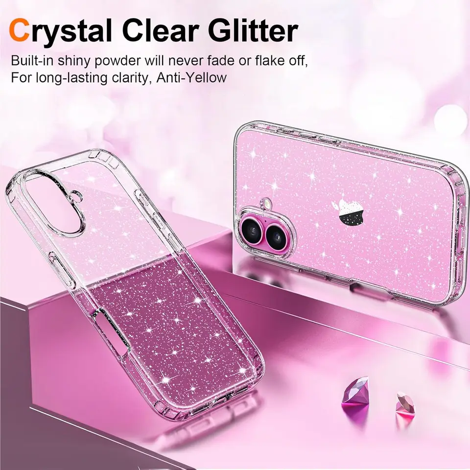 Funda transparente con brillantina para iPhone 17 Air 16 E Pro Max 16e 15 Plus 14 13 Mini 12 11 SE 2022 2020, para mujeres y niñas 2