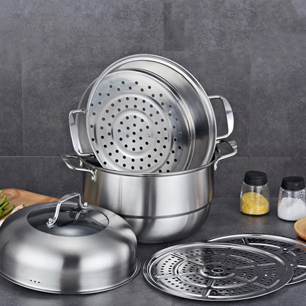 

1pc Stainless Steel Steamer 28Cm Three Layer Soup Cooking Pot High Arch Cover Large Capacity For Induction Gas Cooker Foldable