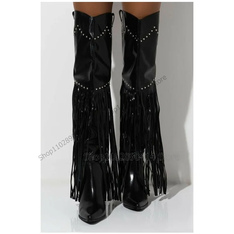 

Black Tassels Silver Rivets Decor Pointed Toe Boots Back Zipper Women Shoes Strange Style Heels Fashion 2023 Zapatos Para Mujere