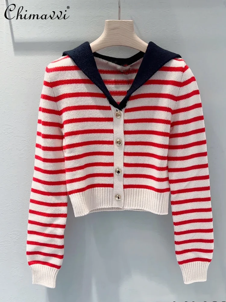 

2024 Spring New Fashion Red Striped Sailor Collar Short Sweater Girl Slim Fit Long Sleeve Elegant College Style Knitted Cardigan