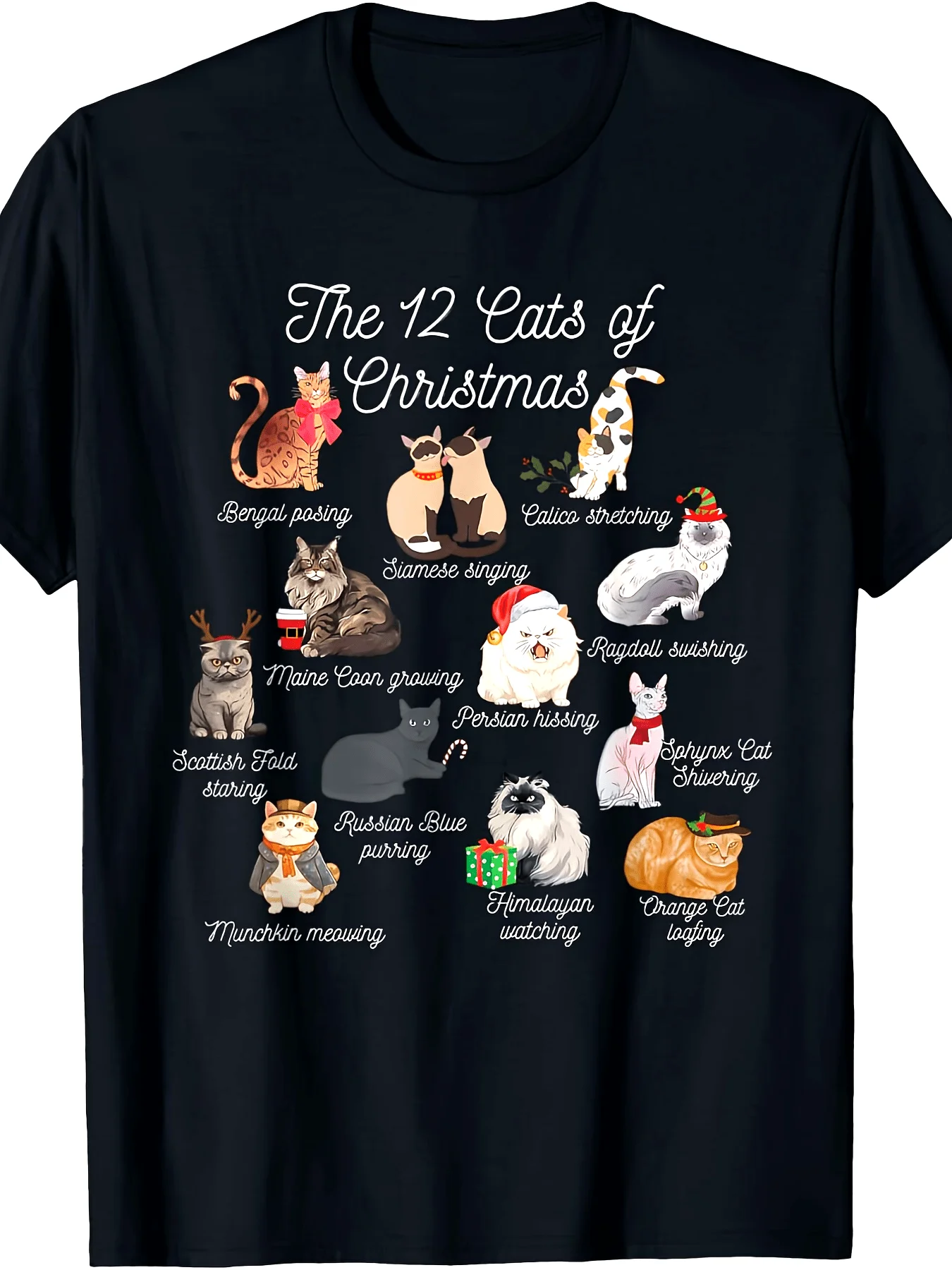 Christmas Twelve Cats Theme T-Shirt - Fun Cat Lover Print Top Featuring Christmas Hats, Reindeer Antlers, and Holiday Kitten Designs - Black Casual Short-Sleeve Style, Designed for Cat Lovers - Available in Sizes S-3Xl, Fun Holiday Elements, Soft and Comfortable Short-Sleeve Design, Machine Washable - Ideal for Everyday Casual Wear and Unique Gift Options, Sporty Design Suitable for All Seasons, Fun Design T-Shirt, Perfect for Gym and Outdoor Activities