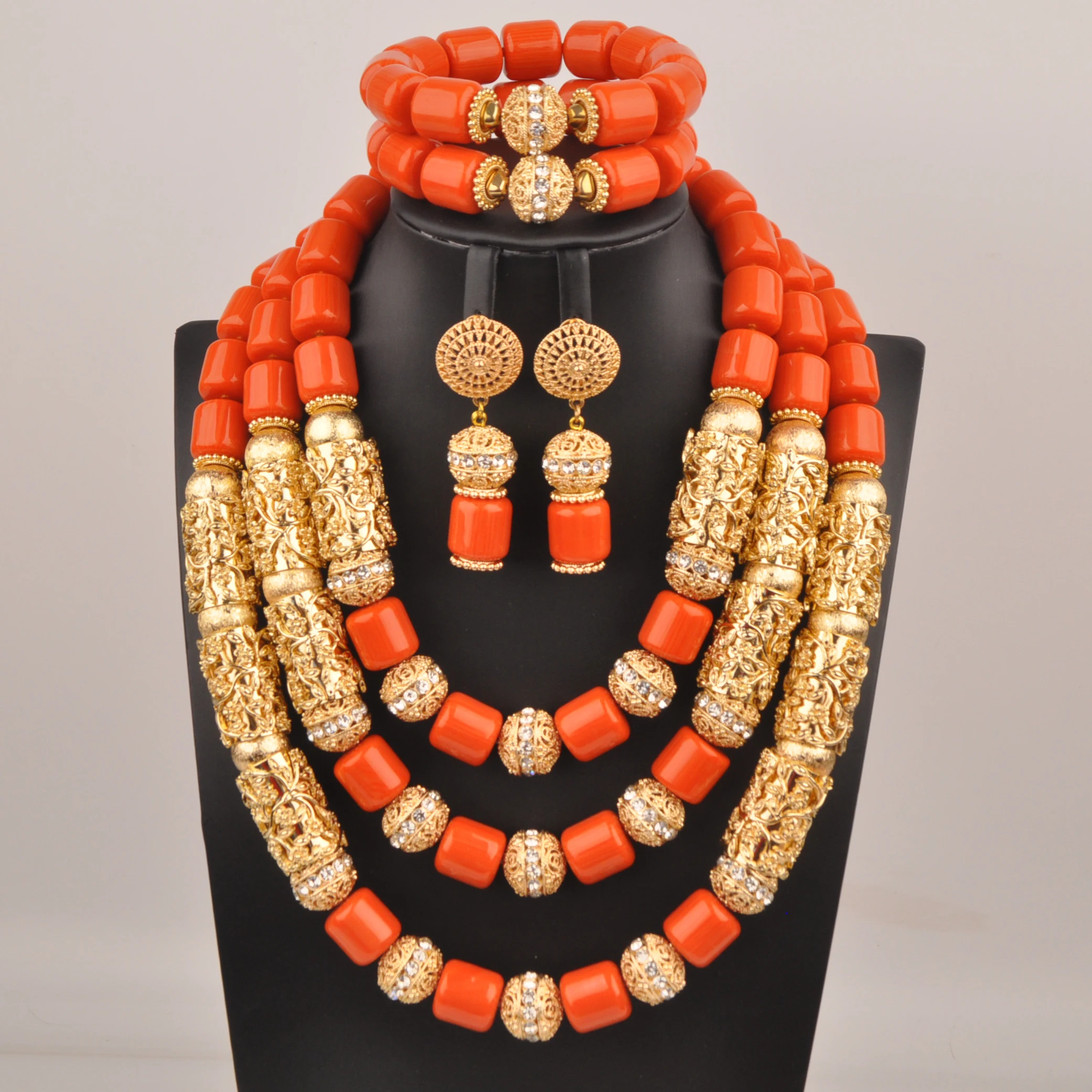 

Orange Artificial Coral Necklace, Nigerian Wedding African Beads Bridal Jewelry Sets