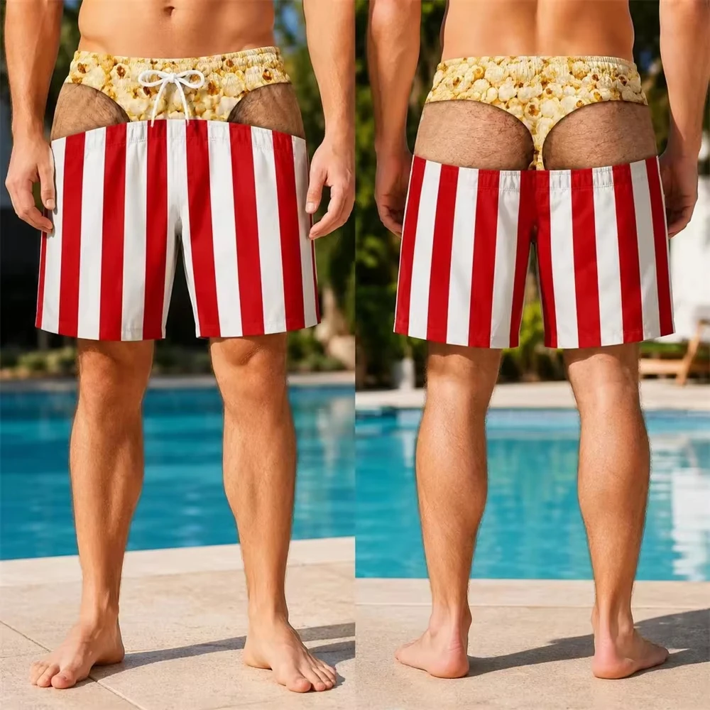 2026 Funny Swim Trunks Popcorn Hairy Butt Shorts Red White Striped Beach Shorts Gag Gift Bachelor Party Swimwear Family Matching