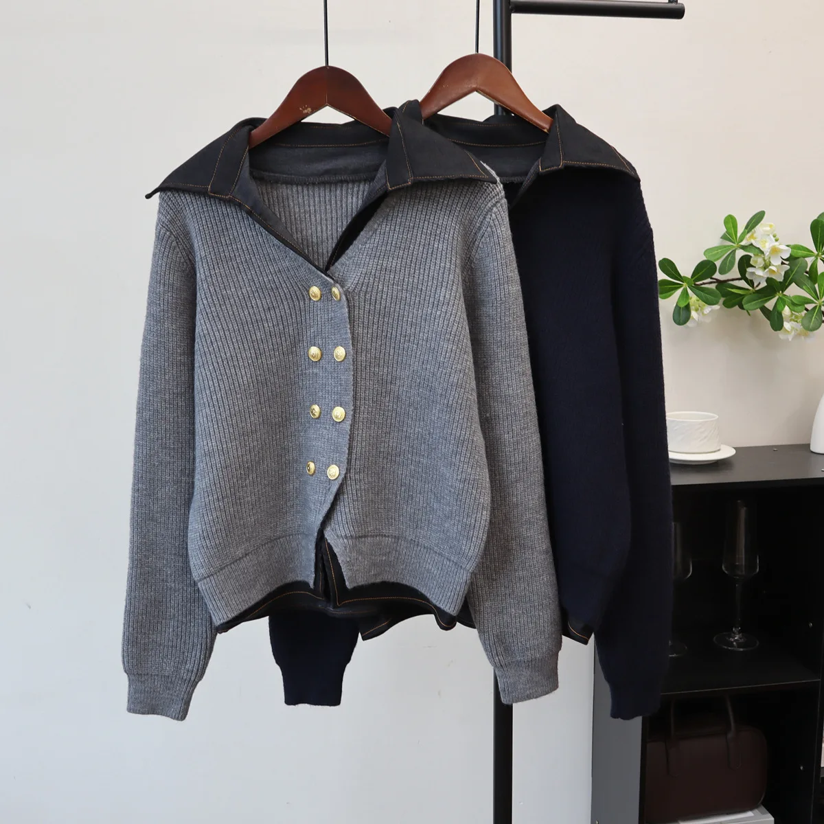 

Джинсовый вязаный кардиган, женский искусственный дизайн из двух предметов, осень-зима, новый контрастный цвет, свитер с отложным воротником, пальто