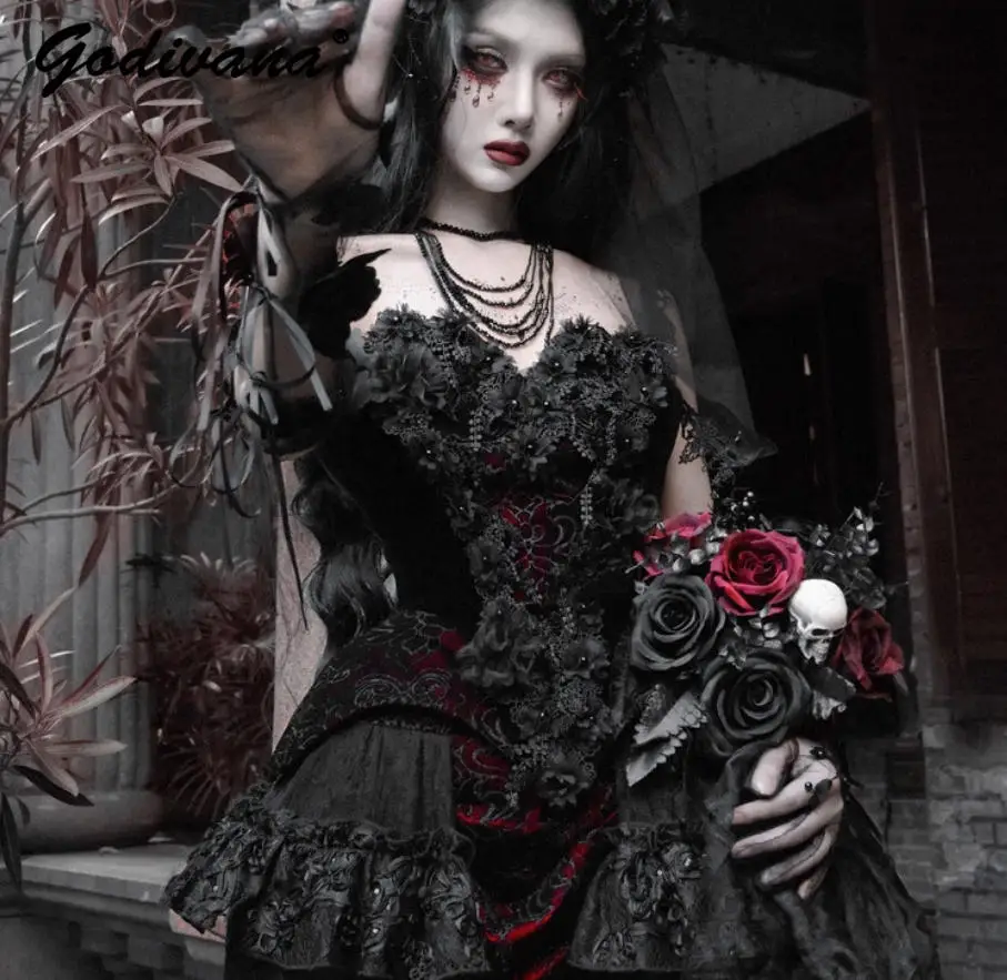 هالوين القوطية الدانتيل زهرة المطرزة المخملية مشد متعدد الطبقات قطار تنورة المرأة الرجعية تنورة الدعاوى تأثيري وتتسابق #3