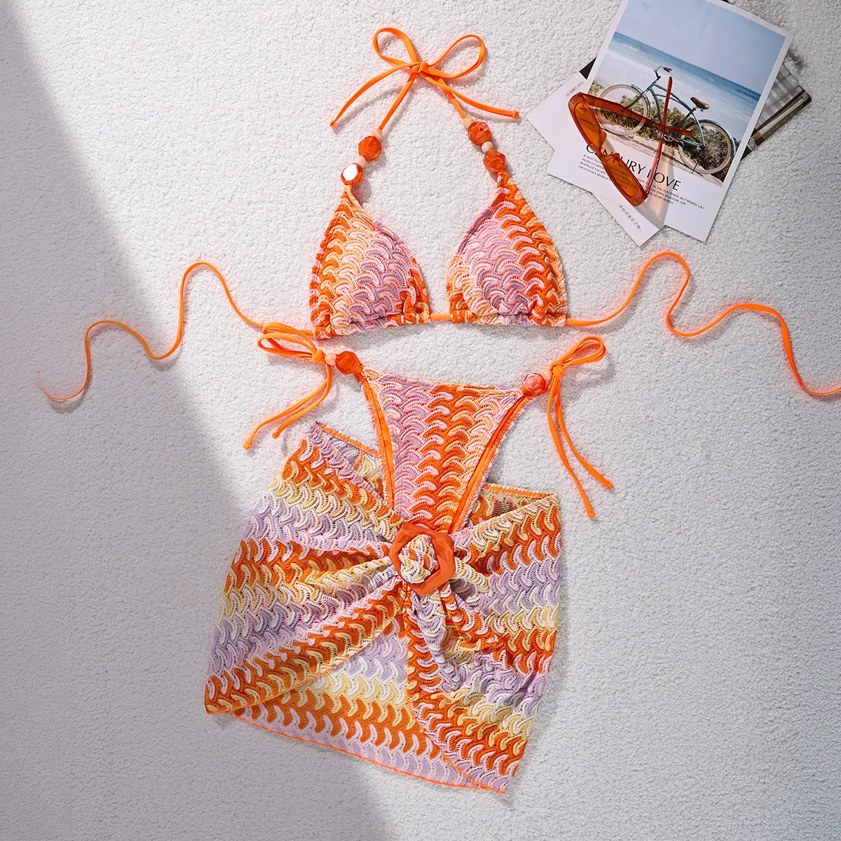 Women 3 Piece Swimwear Crochet Gradient Wave Bikini Beaded Halter Thong Ring Knot Wrap Skirt Cover Up Summer Beach Swimsuit