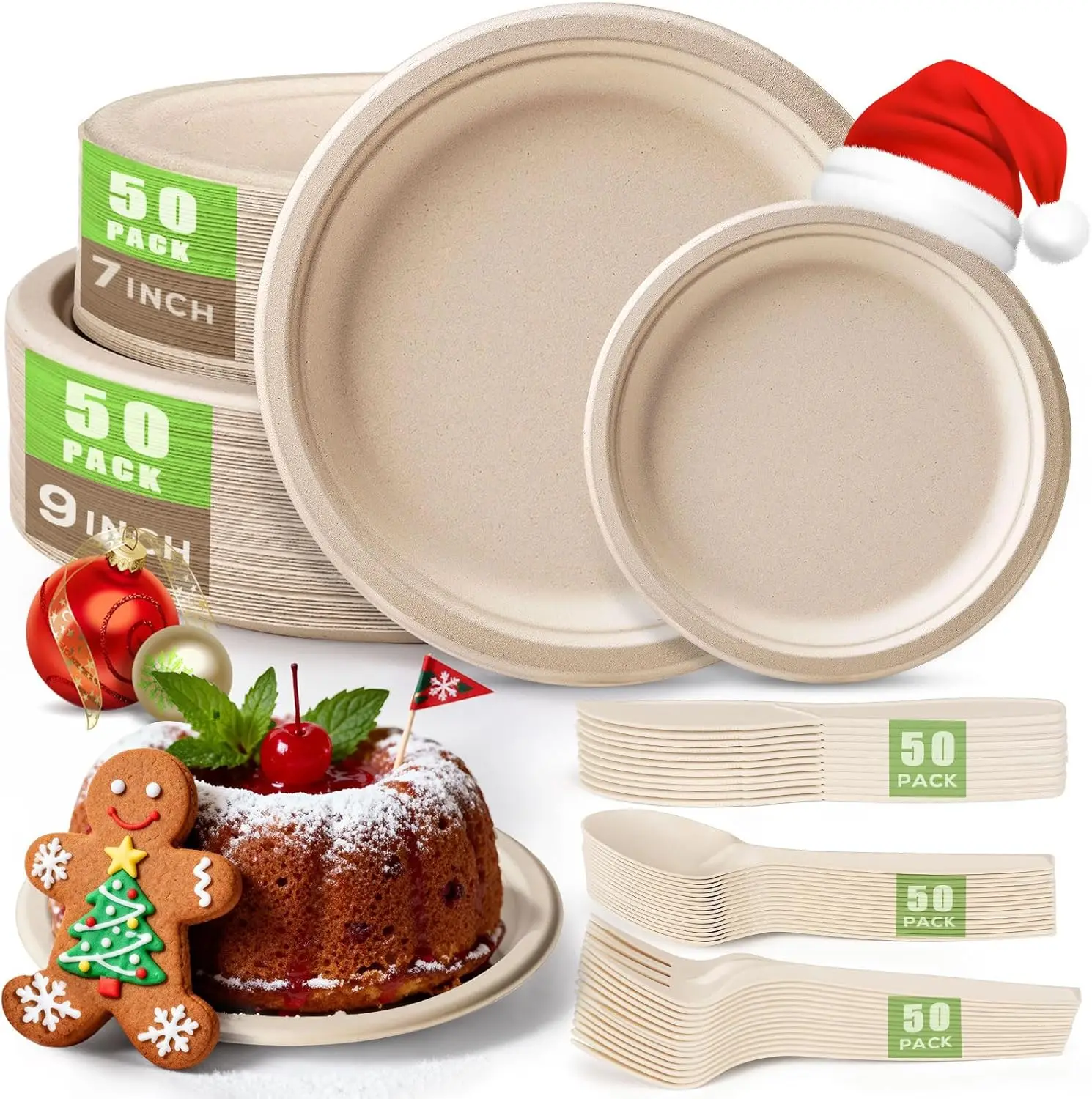 

250Pcs Compostable Dinnerware Set with Plates, Forks, Knives & Spoons - Eco-Friendly for Parties & Camping