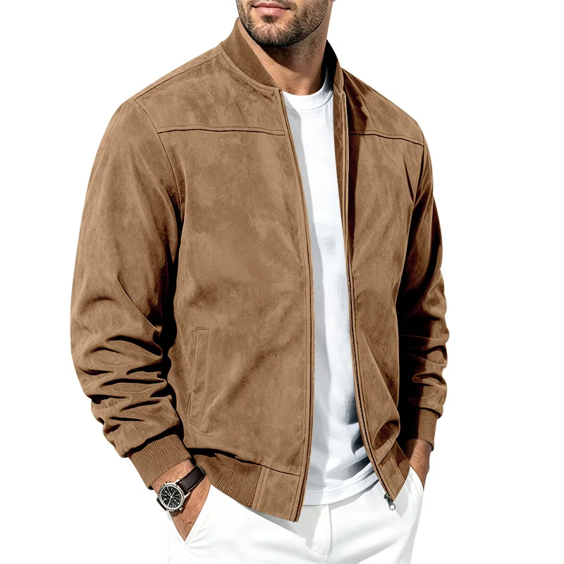 Herren Herbst- und Winter-Freizeitjacke in Übergröße aus Wildleder mit Reißverschluss und Stehkragen, Langarm – Detail 4