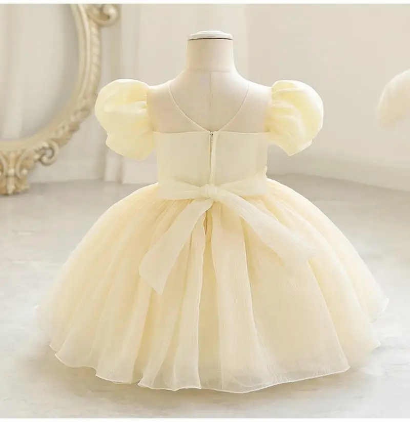 Little Girl Pearl Patchwork Bubble Sleeve Candy Colored Sweet and Cute Princess Dress Wedding Flower Children\'s Day Dress