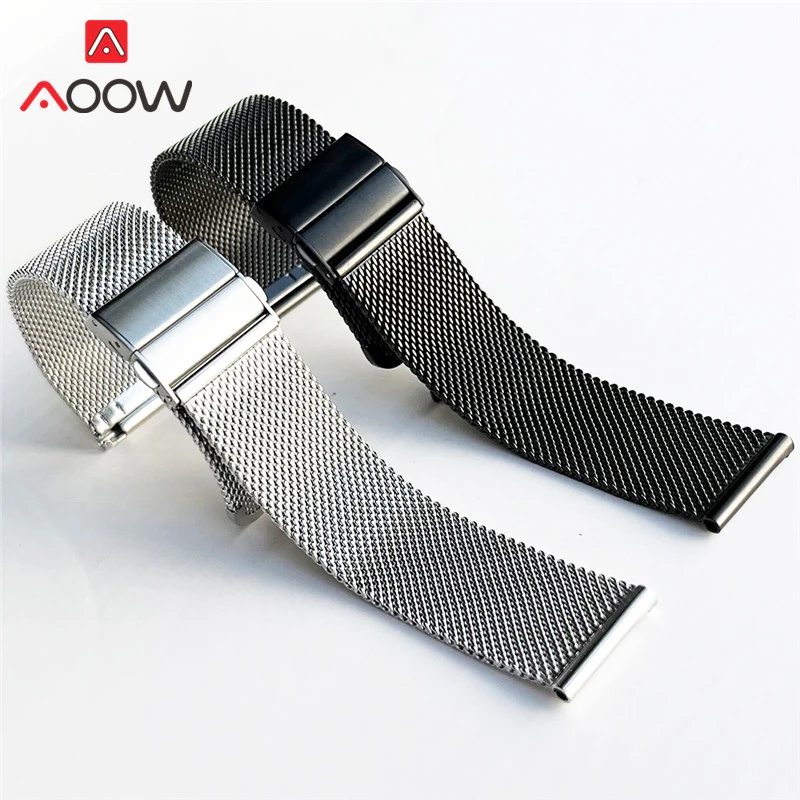 Pulseira de aço inoxidável Milanese Loop para homens e mulheres, pulseira de fivela dobrável, pulseira de metal, acessórios de relógio 16mm, 18mm,