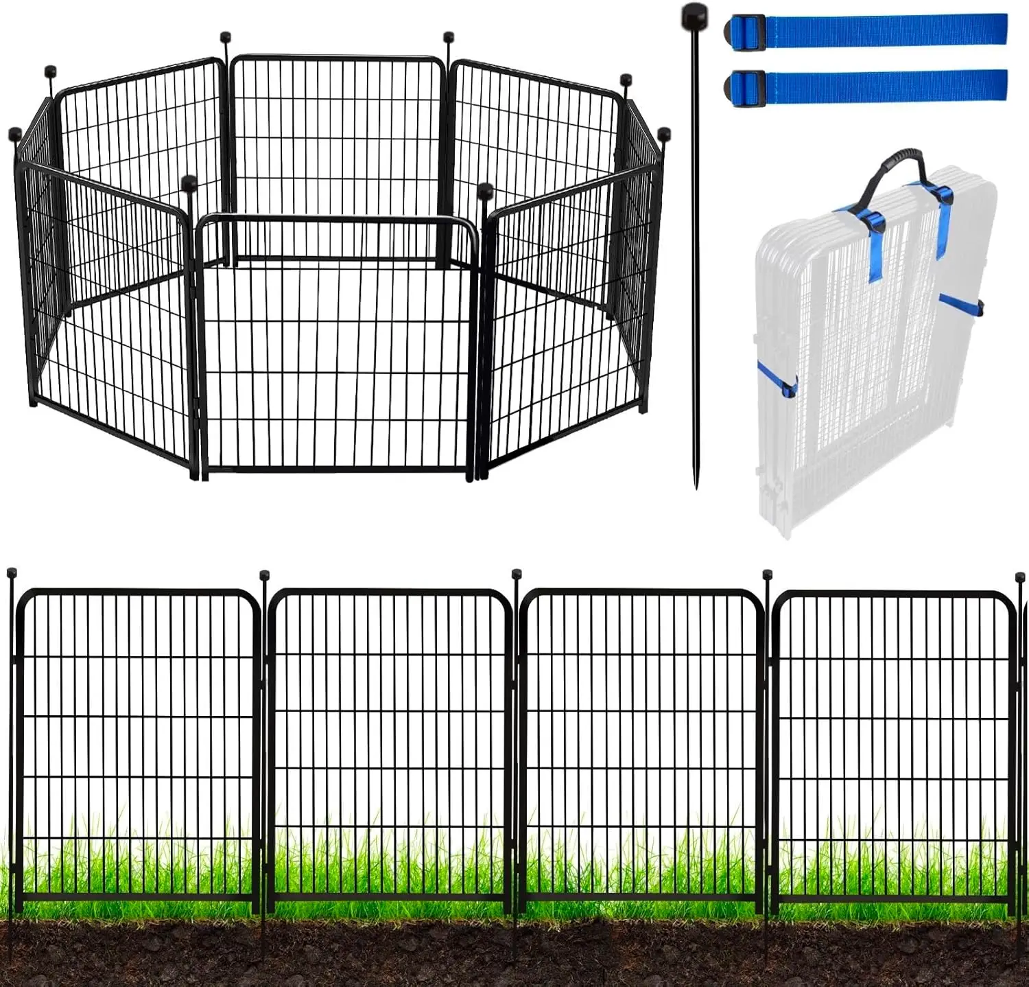 

48-Inch High Metal Garden Fence Panels, 8 Panels 17.7 Ft Long, Heavy Duty Iron Animal Barrier for Yard and Flower Beds