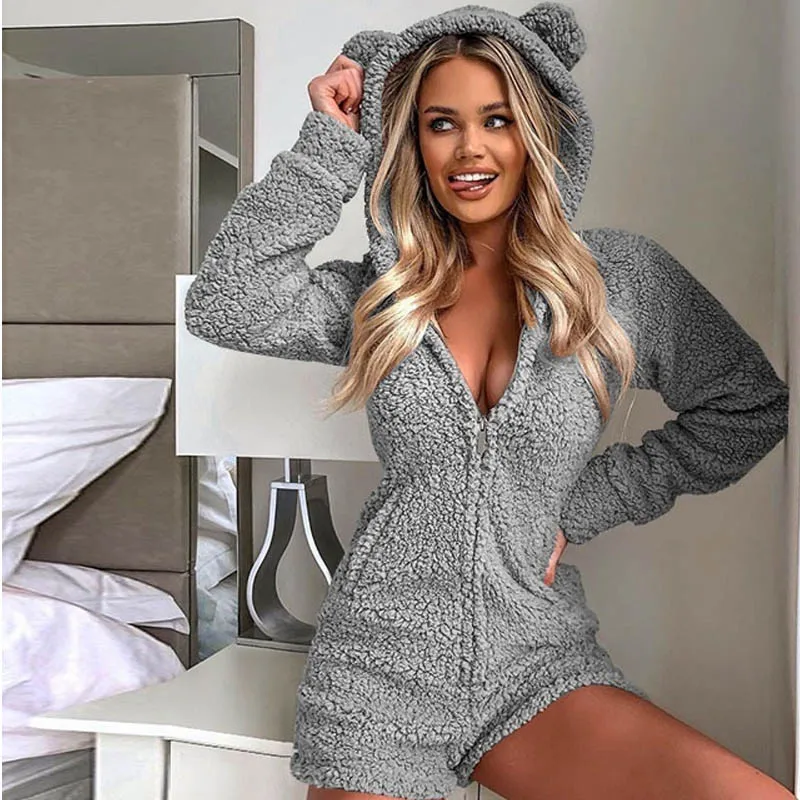 

Women Jumpsuit Cute Fleece Romper Sexy Kawaii Bear Ears Hooded Fleece Loungewear One piece Shorts Long Sleeve Zipper Up playsuit