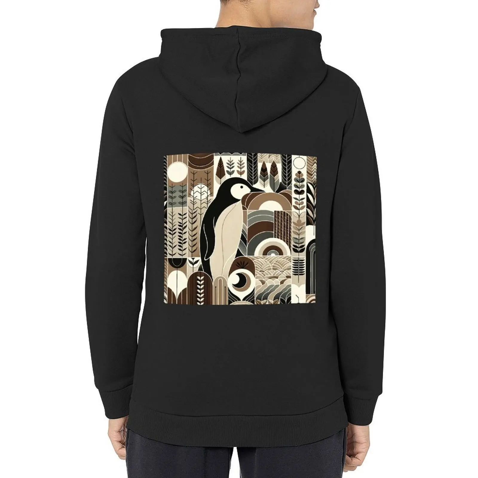 Taupe Mocha Ivory Penguin In Grain Forest Plants Leaf Foliage Pattern Hoodie mens designer clothes men's coat graphic hoodies