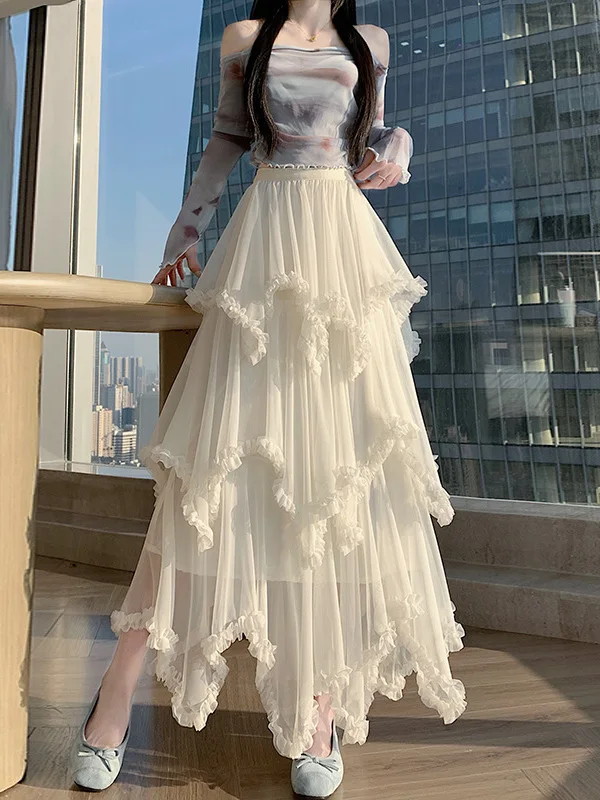 

Юбка А-силуэта с кружевной отделкой, асимметричная, весенняя, с завышенной талией, женская, для офиса, приталенная, многослойная...