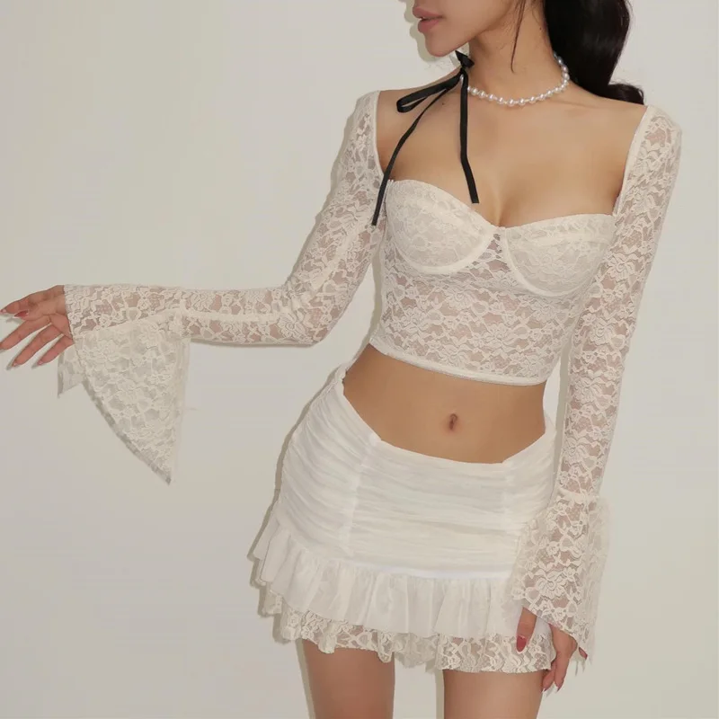 New sexy low cut square collar flared long sleeve solid color top lace skirt two piece set women