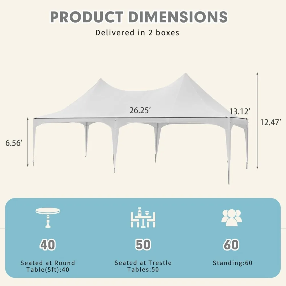 13x26ft Party Tent, White Wedding Tent, Heavy Duty Double Peaked Canopy Tents with Pole-Less Event Space