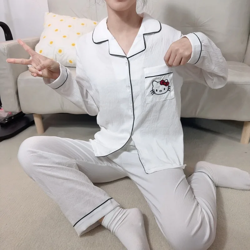 بيجامة هالو كيتي بيجامة سانريو للربيع والخريف بدلة بأكمام طويلة ملابس مريحة ملابس تنحيف هالو كيتي