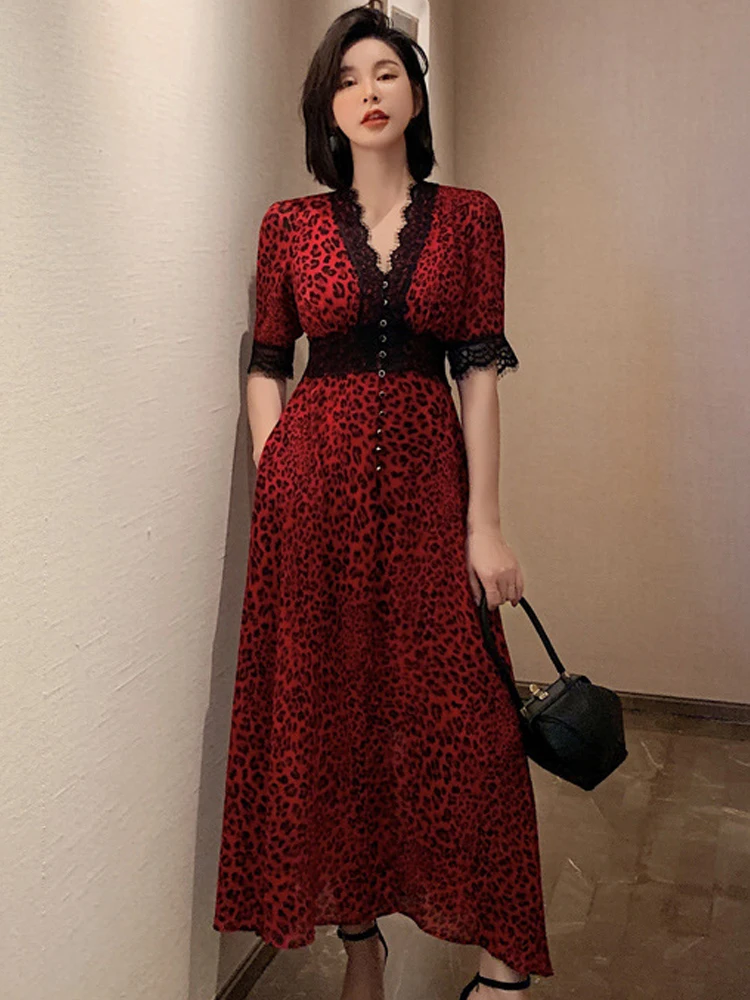 

Holiday Celebrity Party Dresses for Women Sexy Elegant Red Leopard Swing Hight Slit Robe Feminine Beach Vacation Vestidos Street