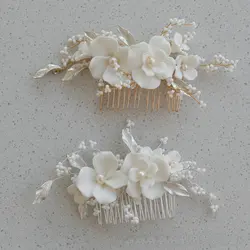 Handmade White Ceramic Flower Hair Comb For Bridal Exquisite Gold Color Leaf Pearl Wedding Tiara Accessories Prom Jewelry