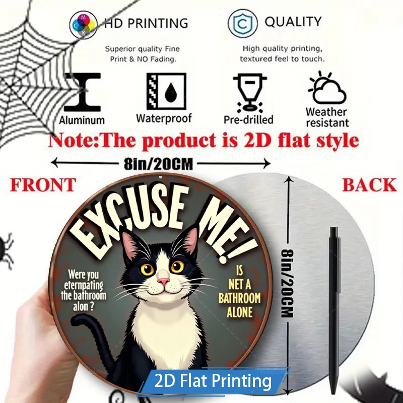 1pc 8x8inch Metal Sign Halloween Cat Sign "Excuse Me!" 2D Flat Print Decor for Outdoor Yard Art