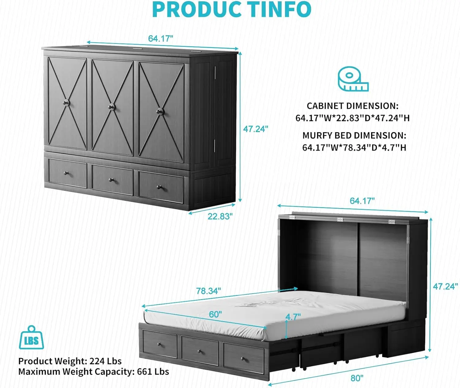 Cecer Queen Size Murphy Bed, 2 In 1 Cube Canbinet Bed With Thick Foam Mattress, Space-Saving Foldable Chest Bed With Charging