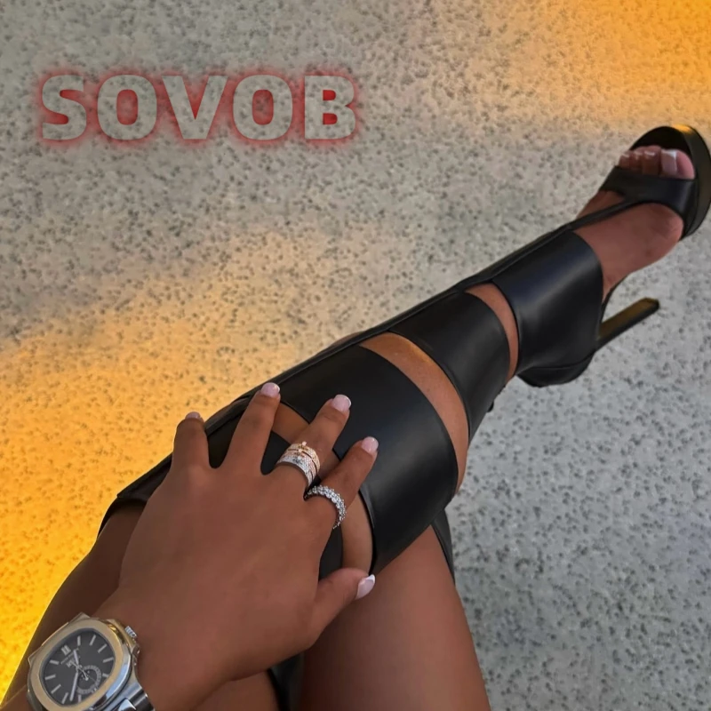 أسود قطع خنجر الكعوب التمهيد مثير المفتوحة تو النساء حذاء برقبة للركبة بلون الشارع نمط فستان الحفلات أحذية لصيف 46