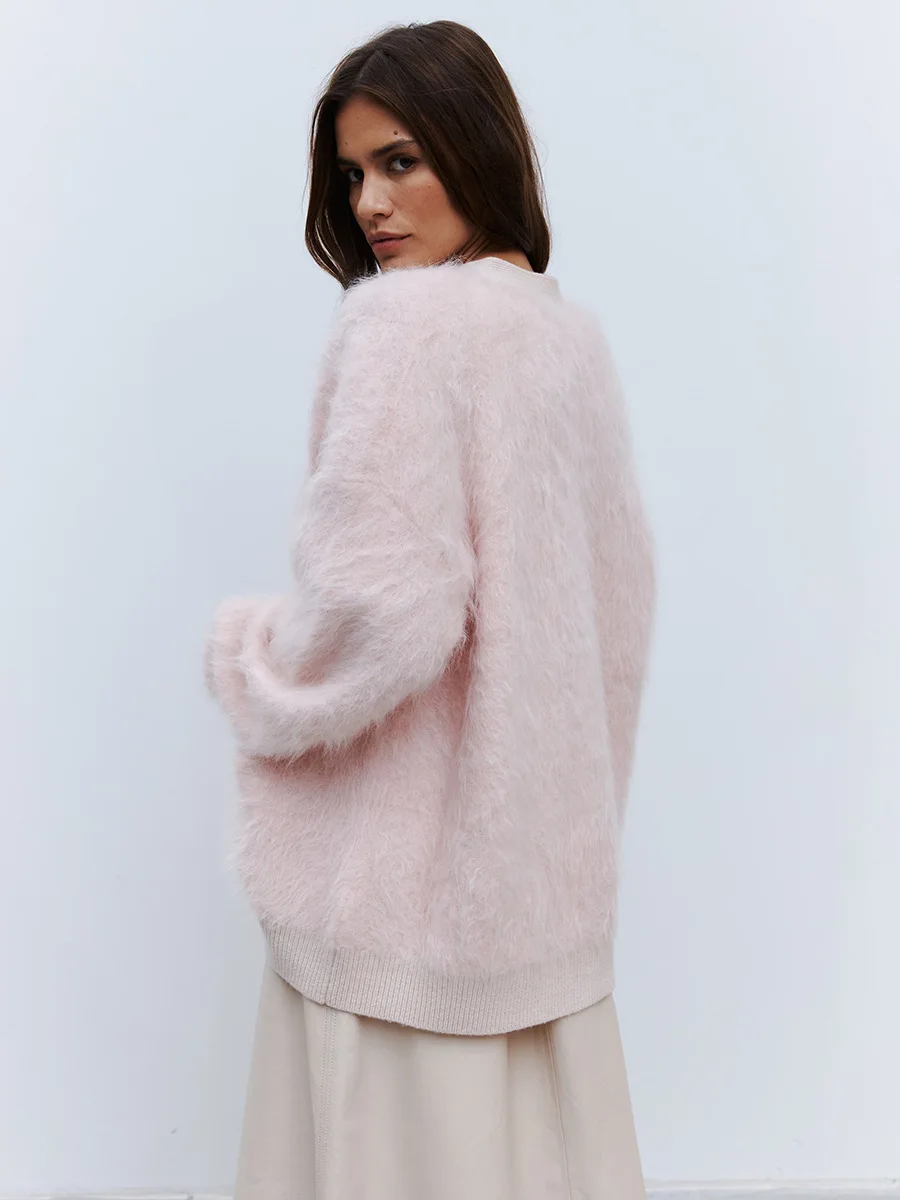 Inverno feminino falso pele de vison cardigan malha macia botão acima camisola moda na moda solto ajuste