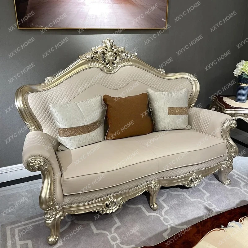 A French Sofa European Leather Simple Luxury Wood Carving Flower Three People Large Flat Layer