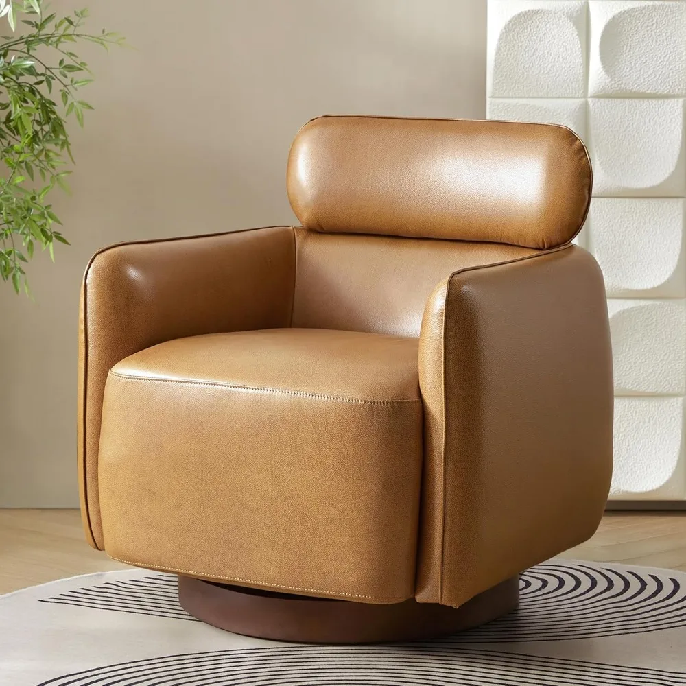

Genuine Leather Swivel Barrel Recliner Chair, Modern Accent Chair with Adjustable Headrest, Swivel Chair for Bedroom Living Roo