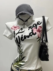 2024 Summer Sexy One Shoulder Design Y2k Vintage T-Shirts Women Streetwear 2000s Casual Print Tees Korean Fashion Punk Crop Tops