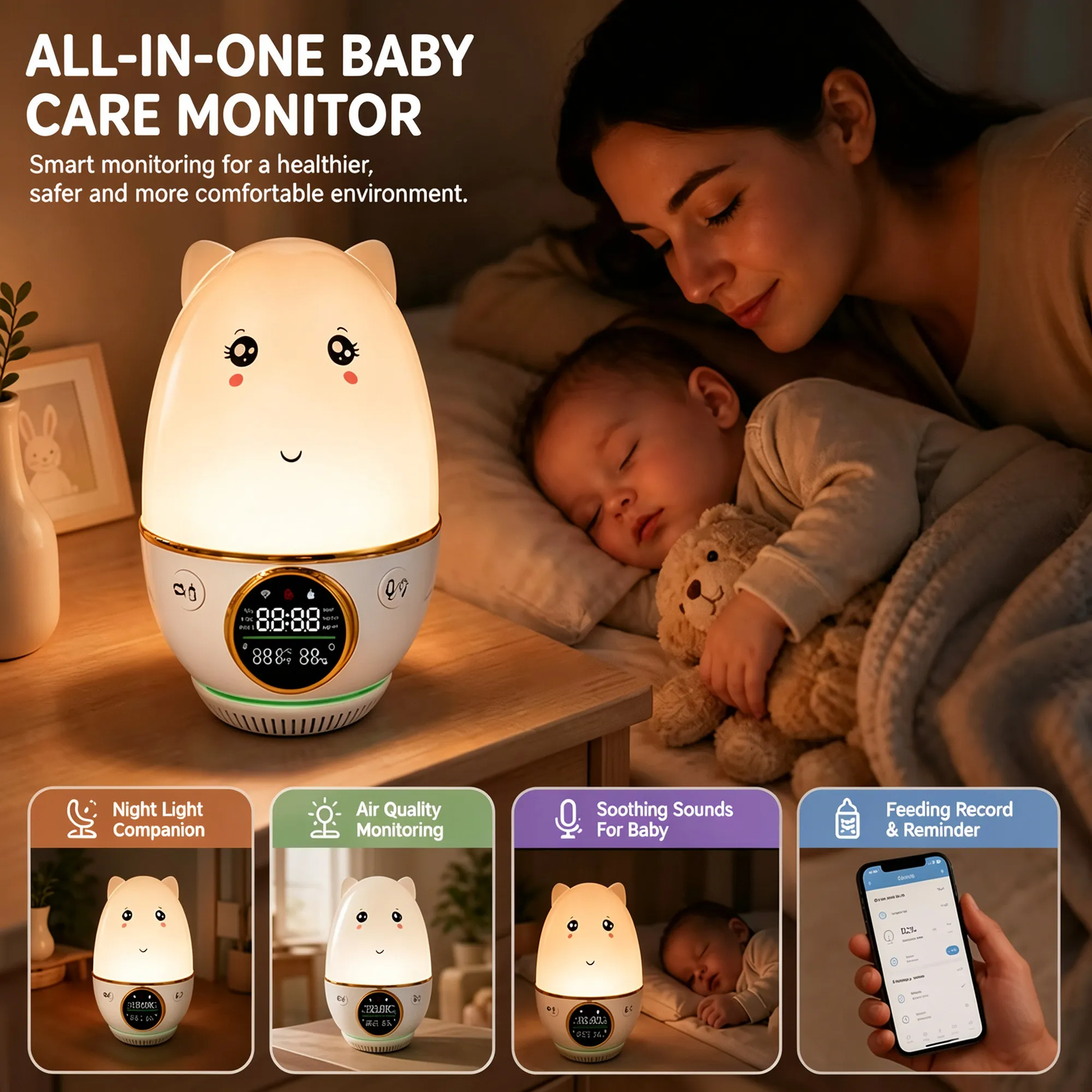 Baby Nursery Temperature - HoldPeak ベビーモニター Tuya アプリ制御 CO2/AQI/PM2.5 授乳記録